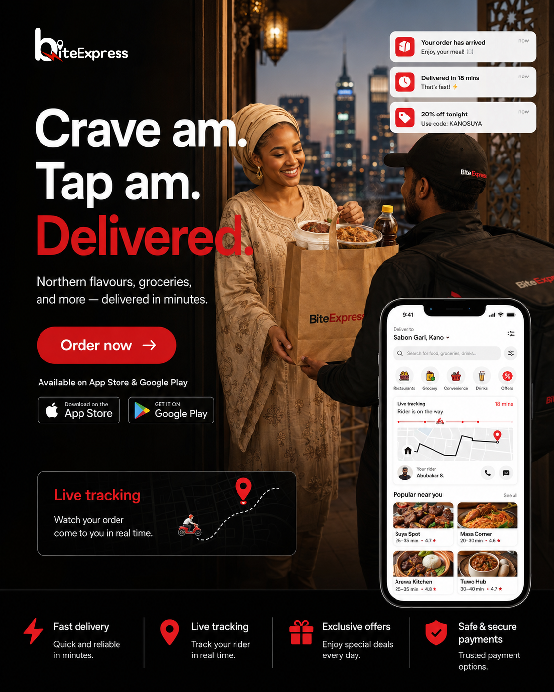 BiteExpress Facebook ad: Hungry? Need groceries, medicine, or everyday essentials?