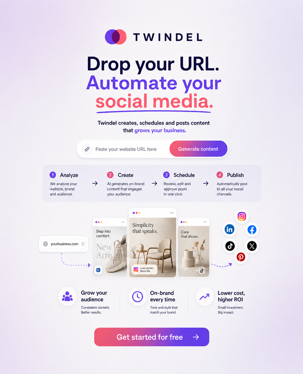 Twindel Facebook ad: Drop your URL. Automate your social media.
