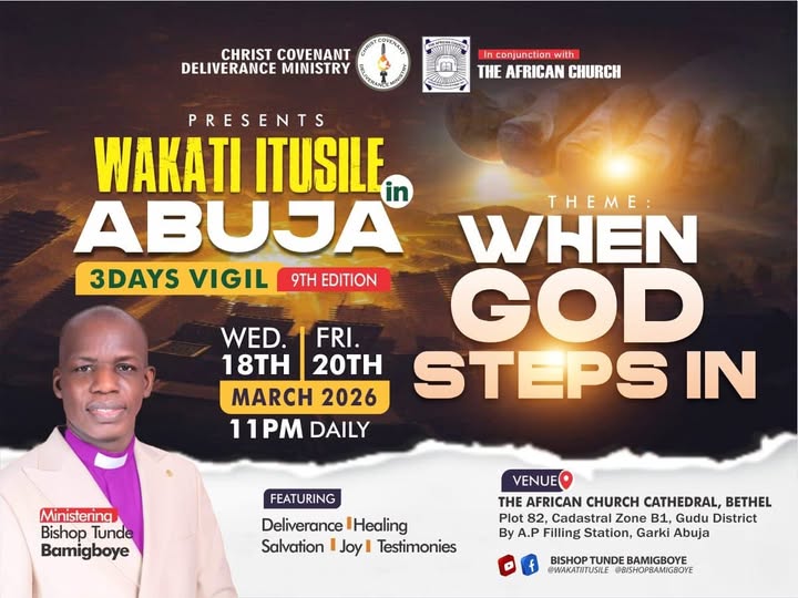 Bishop Tunde Bamigboye Facebook ad: WAKATI ITUSILE IN ABUJA, 3 DAYS VIGIL (9TH…