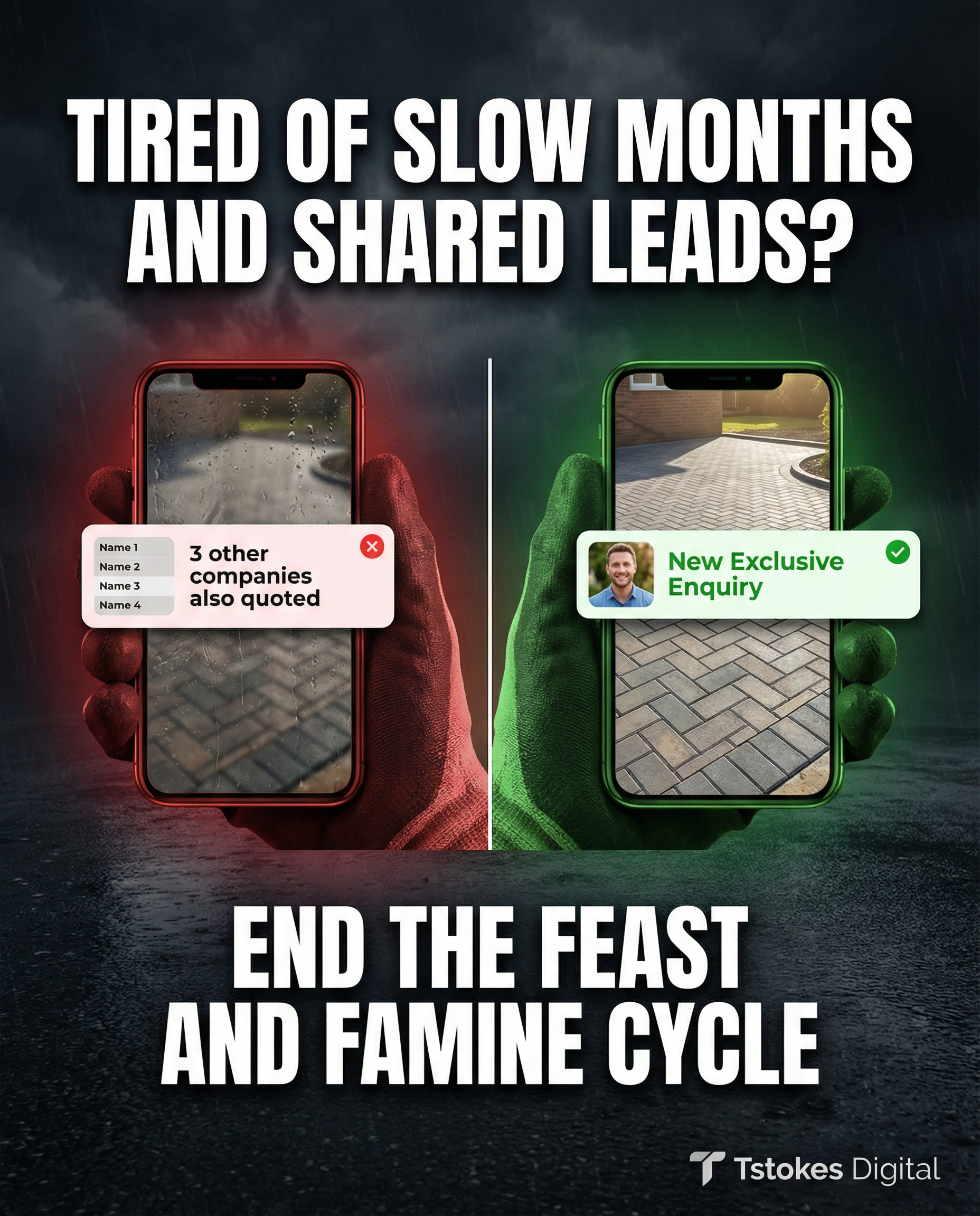 Tstokes Digital Facebook ad: Tired of Slow Months and Shared Leads?