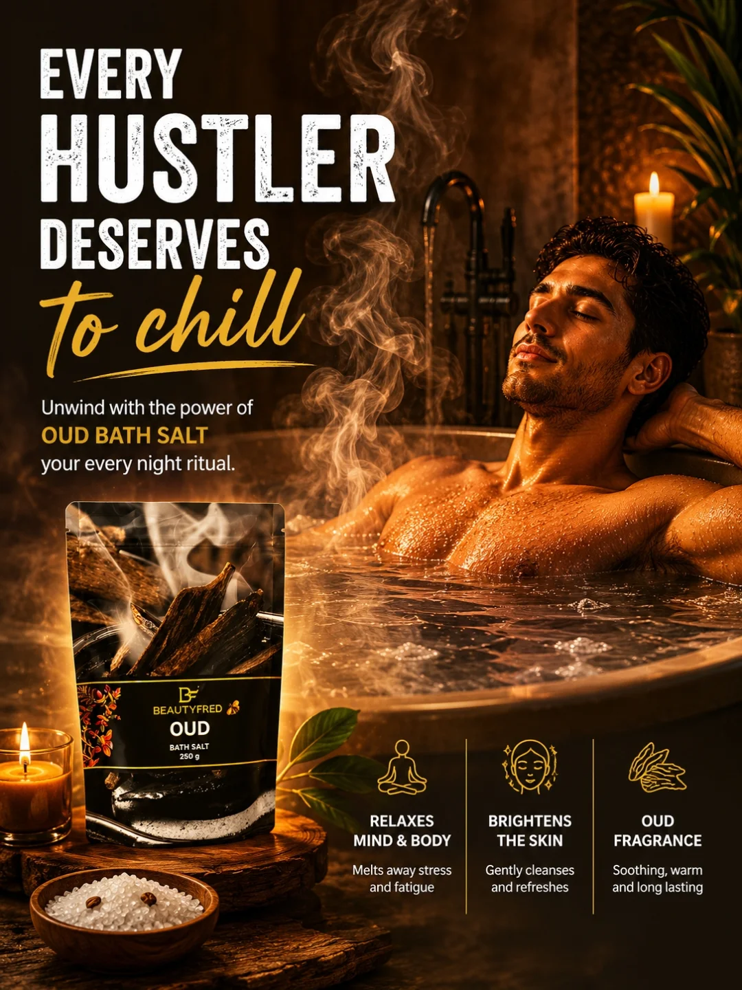 Beauty Fred Facebook ad: 1. Add 2-3 tablespoons to a warm bath.