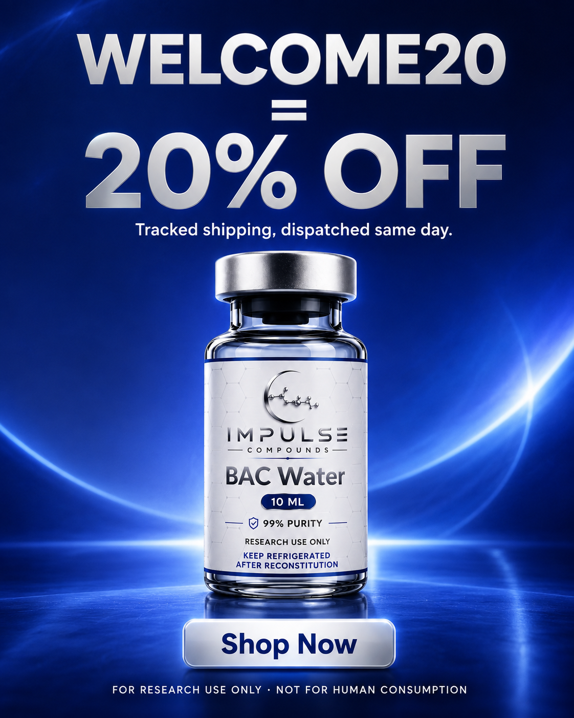 Impulse Compounds Facebook ad: 20% Off Your First Research Order