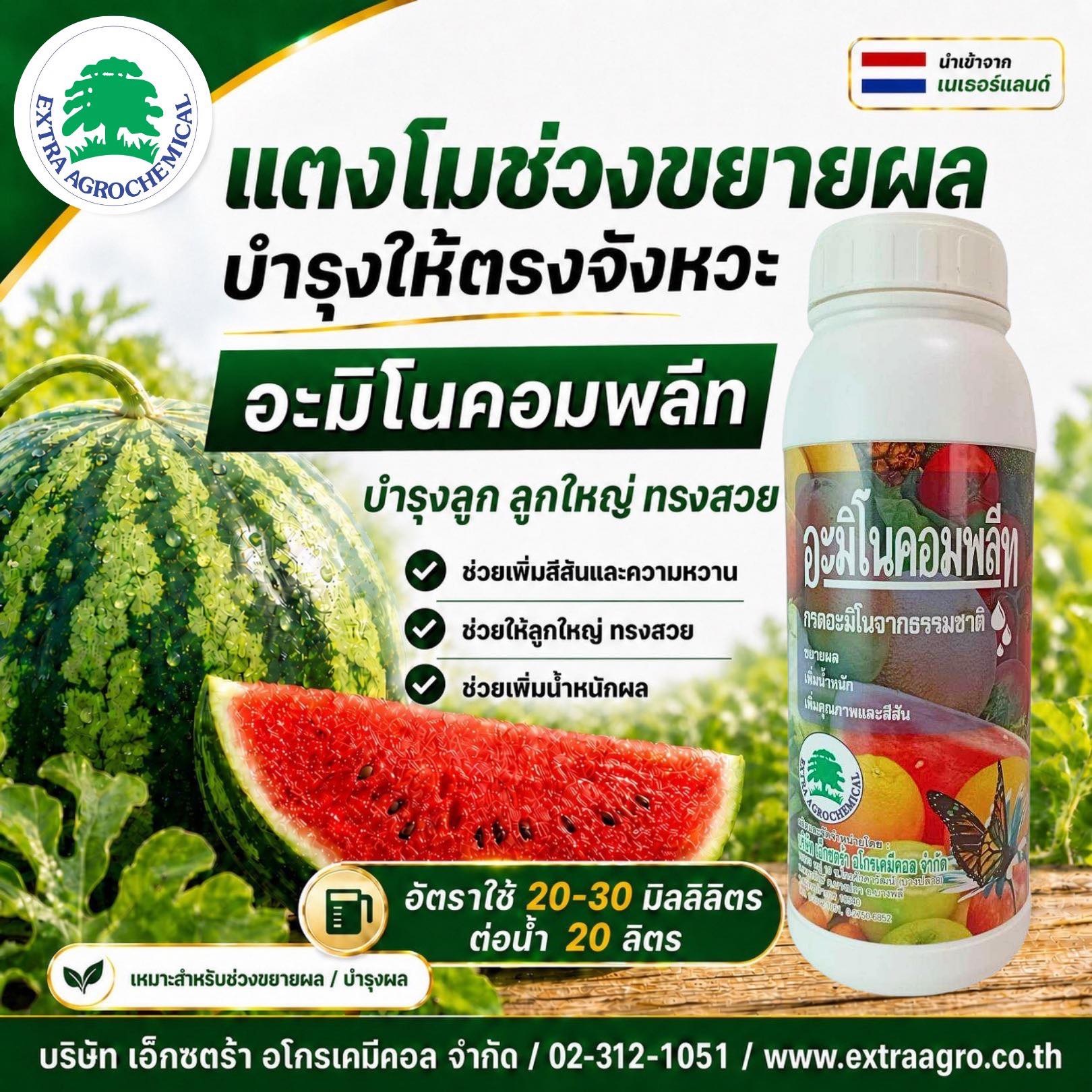 บริษัท เอ็กซตร้า อโกรเคมีคอล จำกัด Facebook ad: แตงโมช่วงขยายผล บำรุงให้ตรงจังหวะ