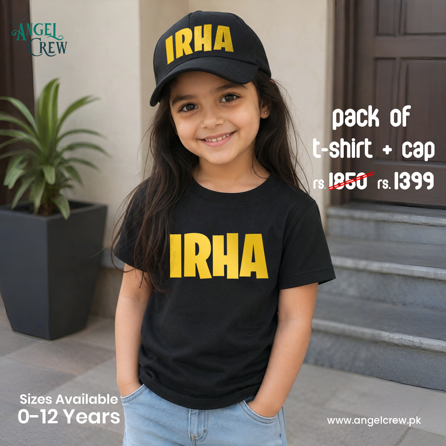 Angel Crew Facebook ad: Rs 400 Off Kids' Custom Tees & Caps Pack