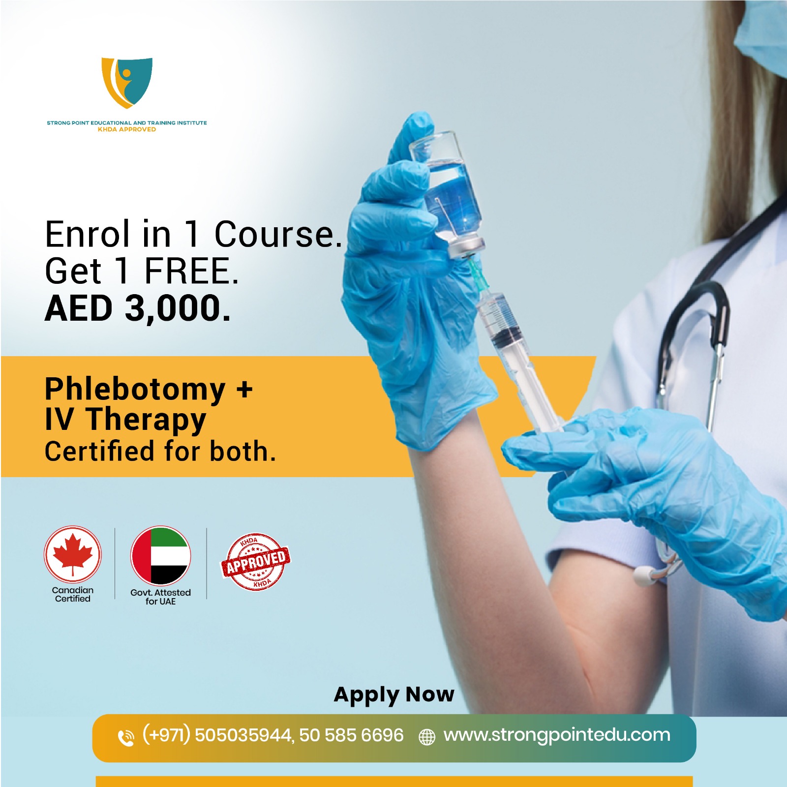 Strong Point Educational Training Institute Facebook ad: Phlebotomy + IV Therapy, AED 3,000