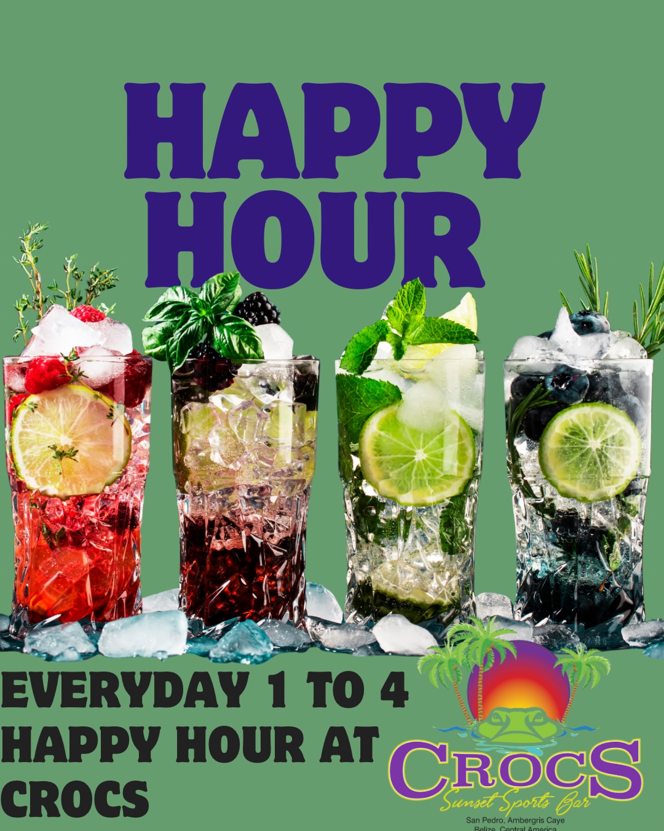 Crocs Sunset Sports Bar Facebook ad: Come to crocs for Happy hour from 1-4…