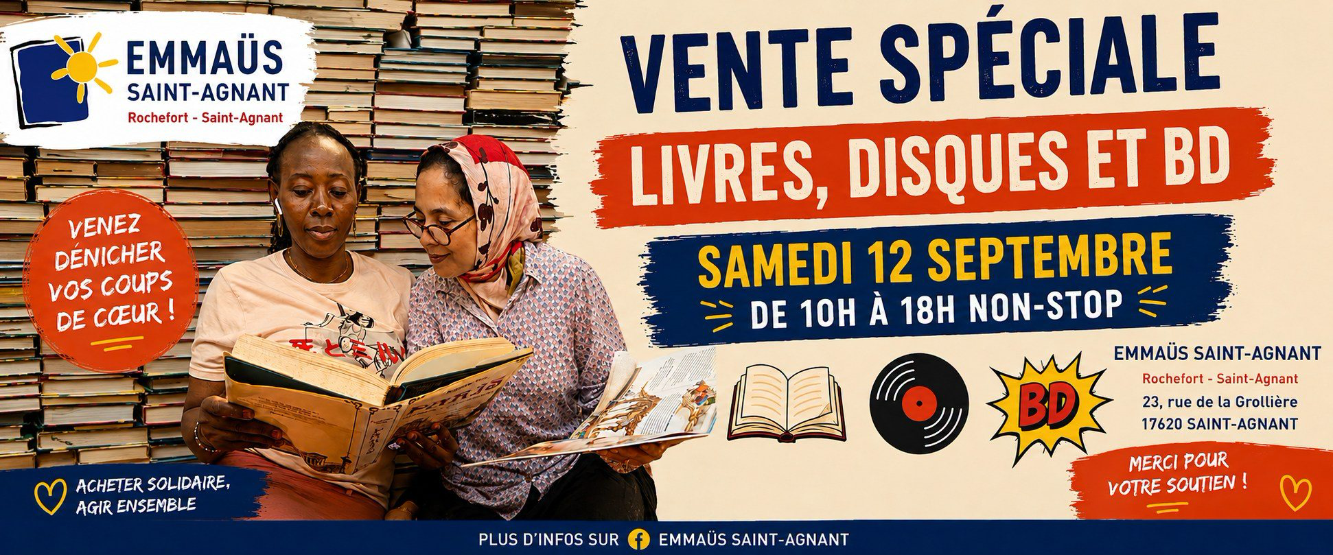 Emmaüs Rochefort Facebook ad: Vente spéciale livres, BD et vinyles