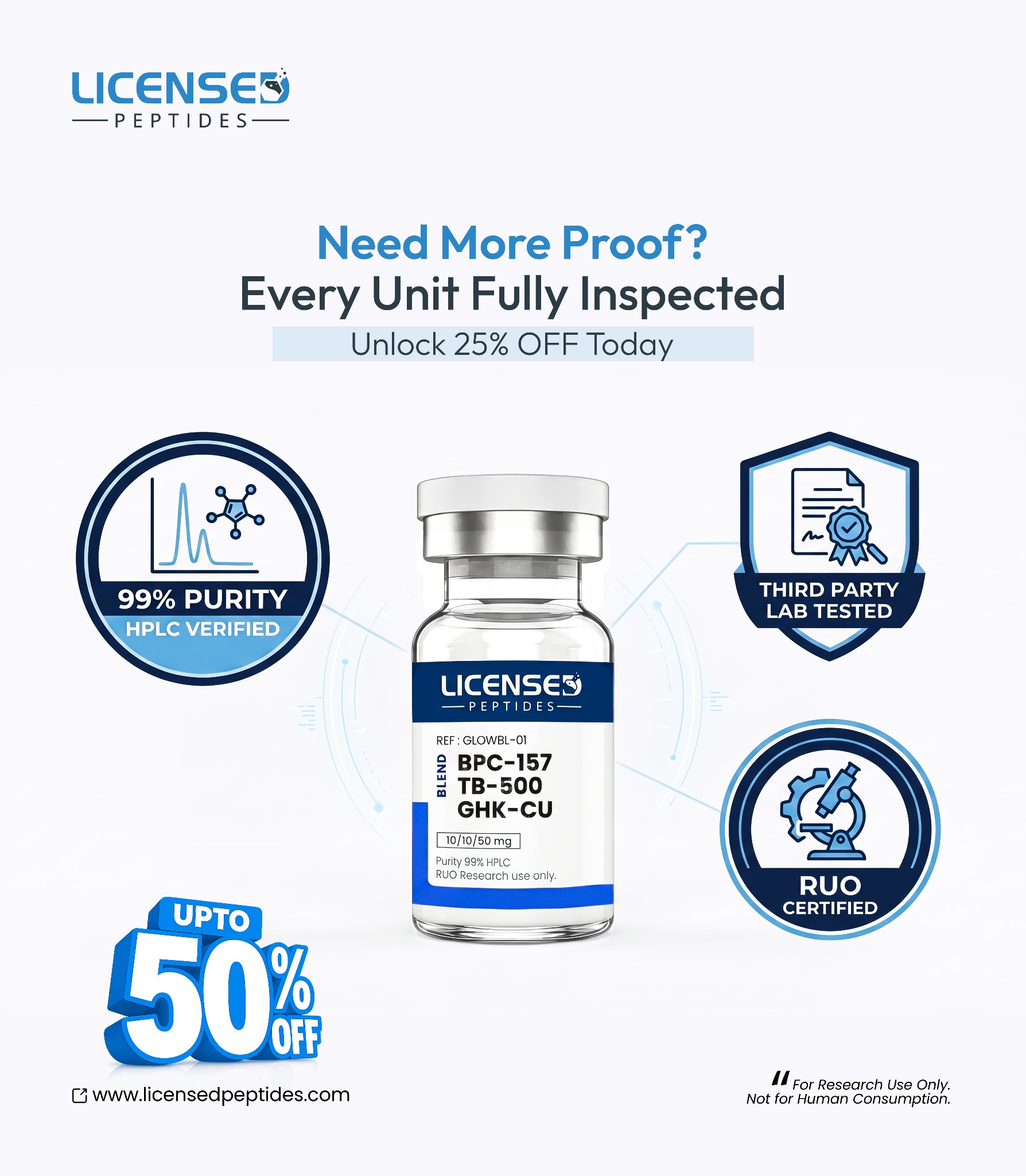 Licensed Peptides.com Facebook ad: Up to 50% Off Ends Soon