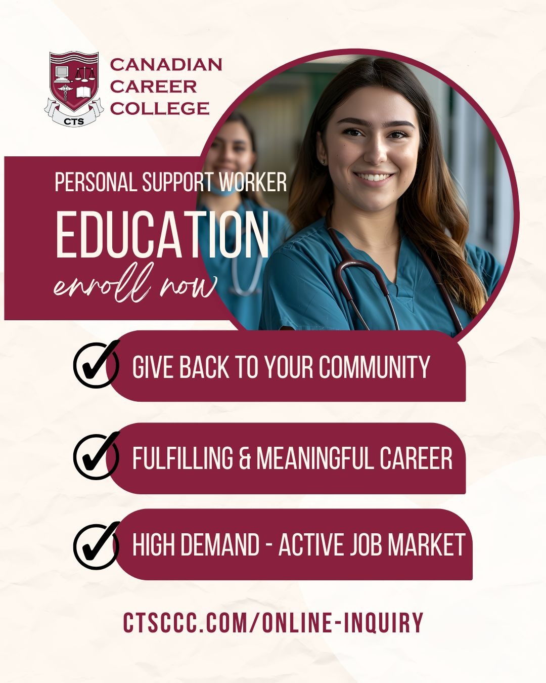CTS Canadian Career College North Bay Campus Facebook ad: Start Your PSW Journey