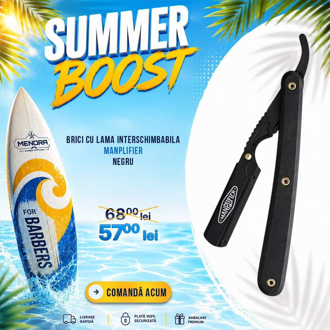 Menora Barber Facebook ad: 𝐒𝐮𝐦𝐦𝐞𝐫 𝐁𝐨𝐨𝐬𝐭 -60% Reducere