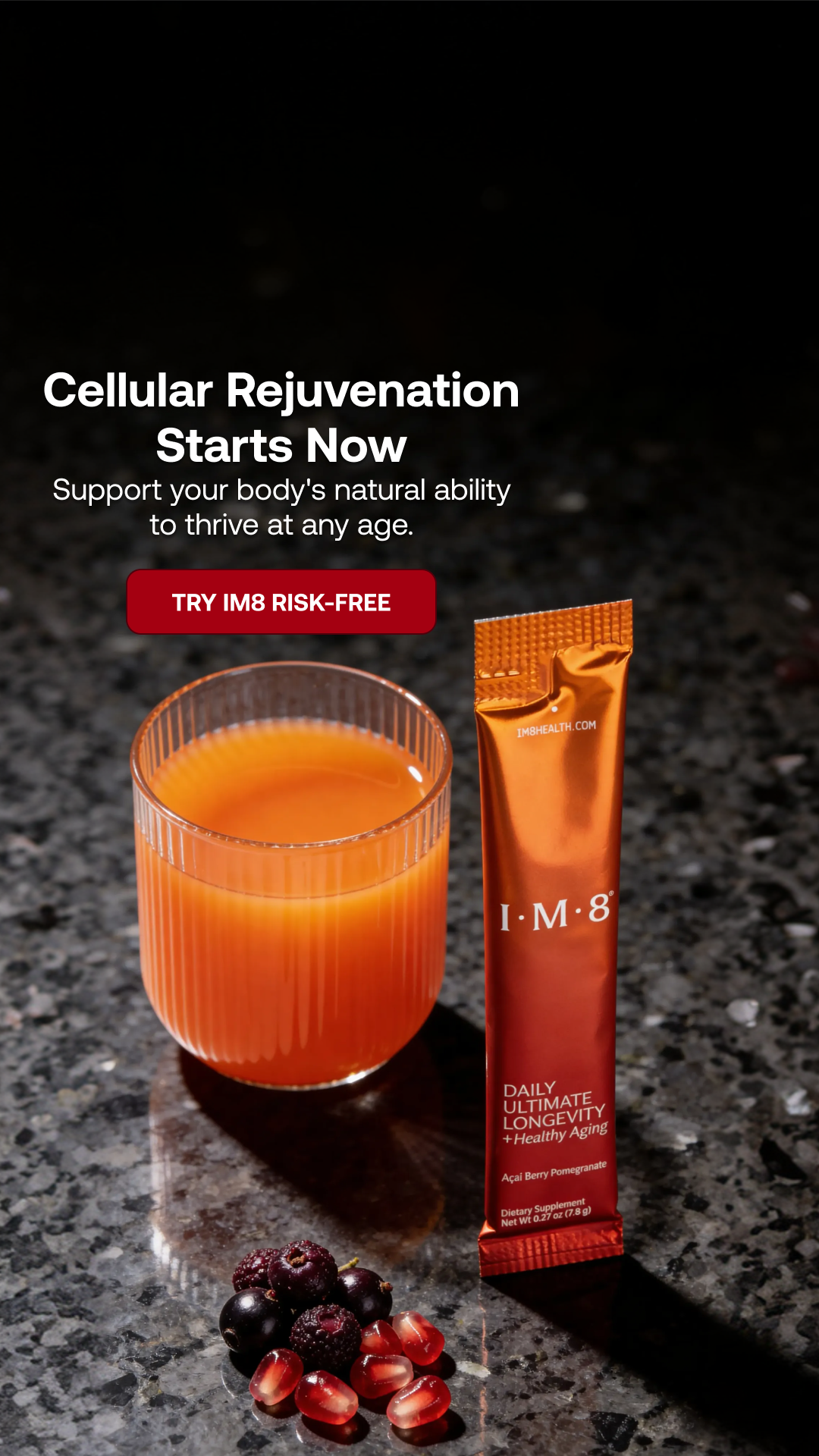 IM8 Facebook ad: Aging is Natural. Slowing Down Doesn't Have To Be.
