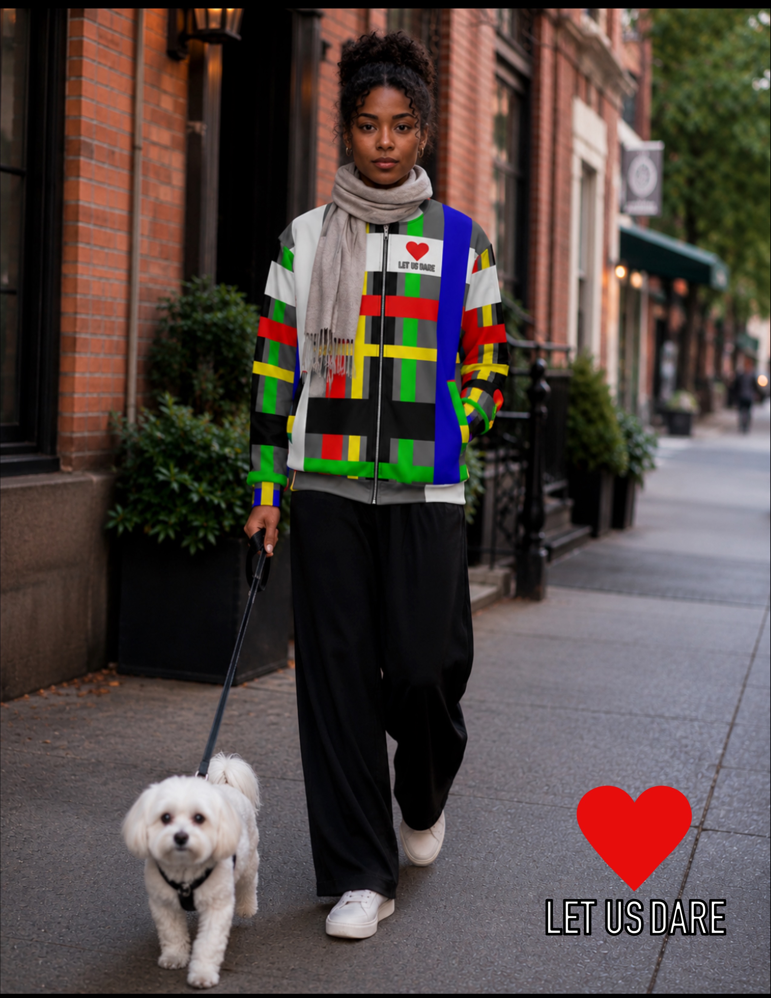 letusdareworld Facebook ad: Technicolor track jacket, for rebellious optimists.