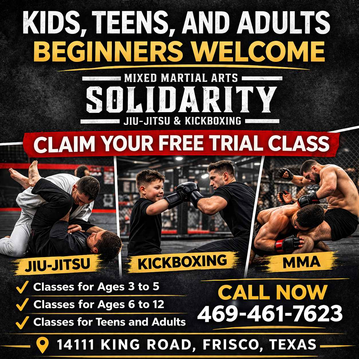 Solidarity MMA - Jiu-Jitsu & Kickboxing Academy Facebook ad: FREE Trial, Kids, Teens & Adults