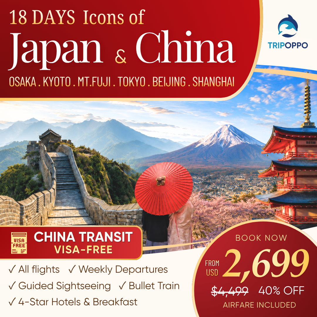 TripOppo Facebook ad: Japan & China 18 Days $2,699+ w/air
