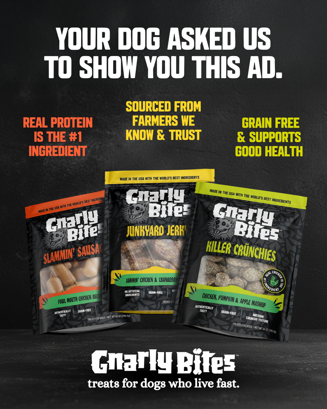 Gnarly Pets Facebook ad: GET 25% OFF WITH CODE: GNARLY25