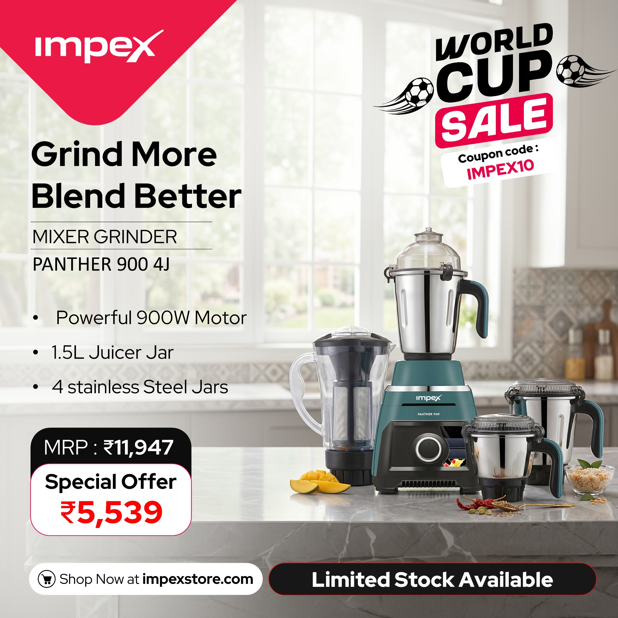 Impex Home Facebook ad: Mixer Grinder with 7-Year Motor Warranty, 48% OFF Today!
