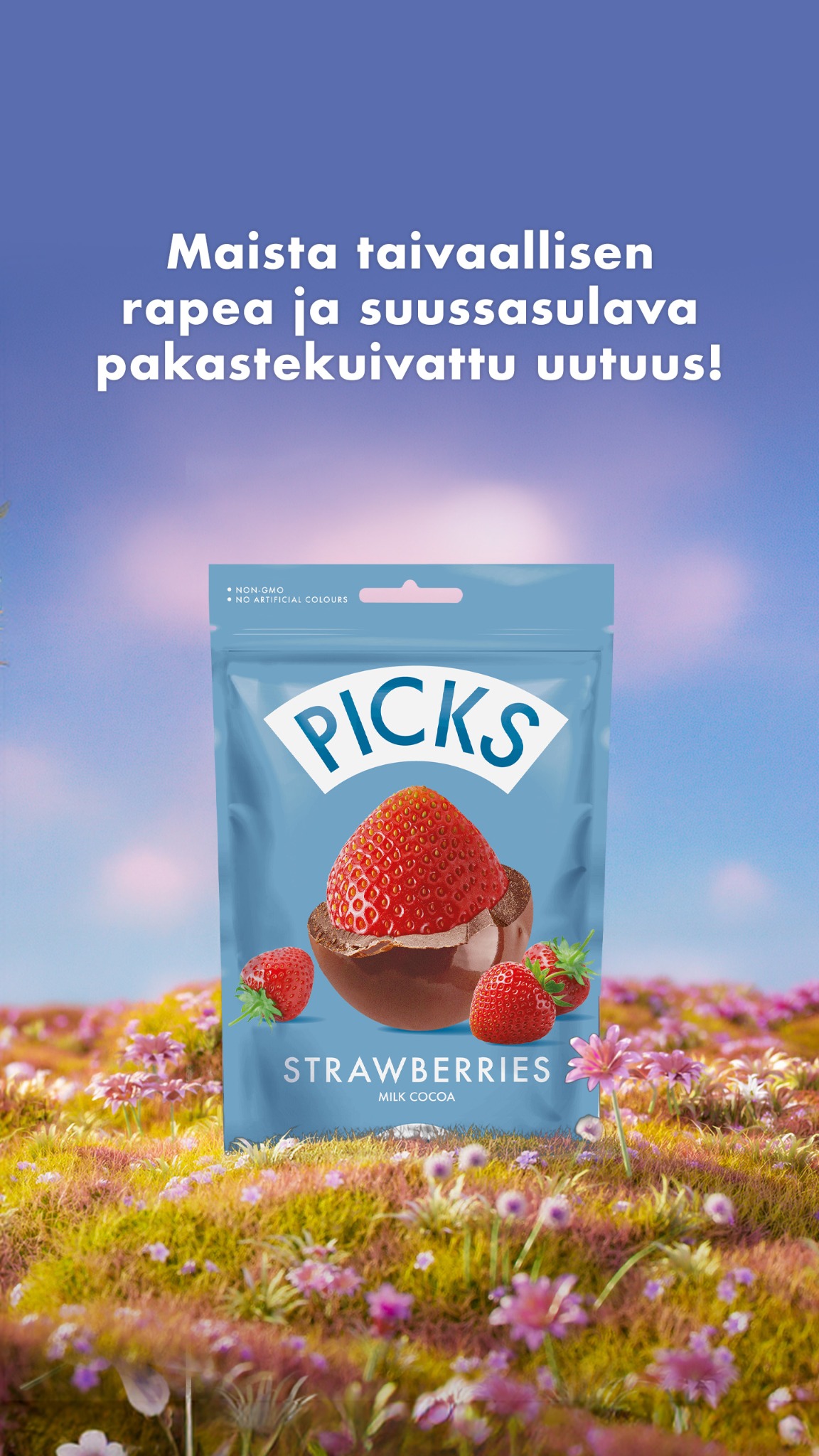 Picks-original Facebook ad: Testaa PICKS Mansikka. YUM.