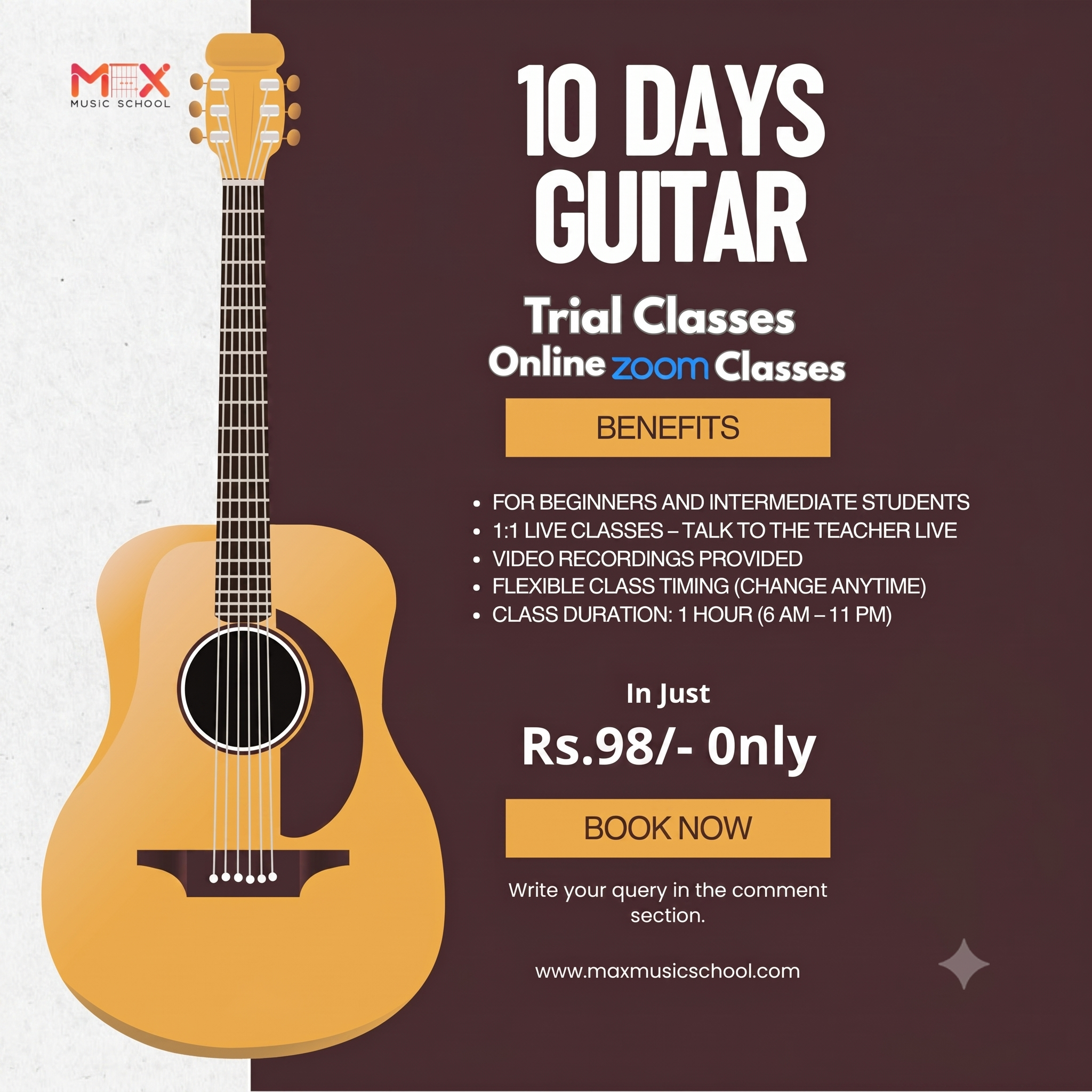 Max Music school Facebook ad: Online Guitar Trial Classes, Learn Guitar Live from Home…