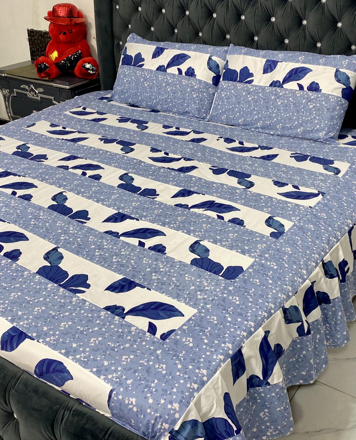 Nazish Abdullah collections Facebook ad: *3pcs Patch work frill bed sheets*