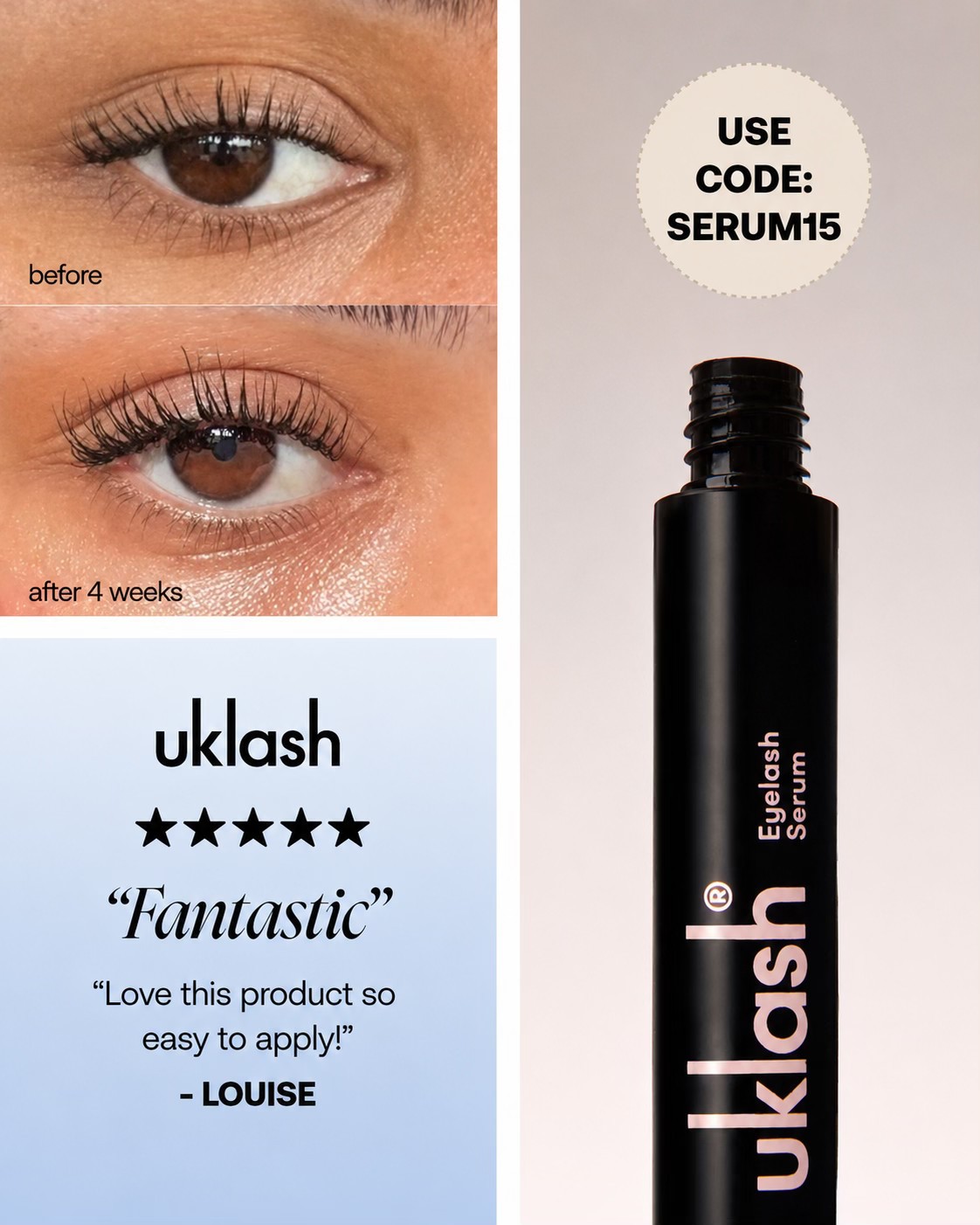 Uklash Facebook ad: CODE: SERUM15 for 15% off your first purchase!
