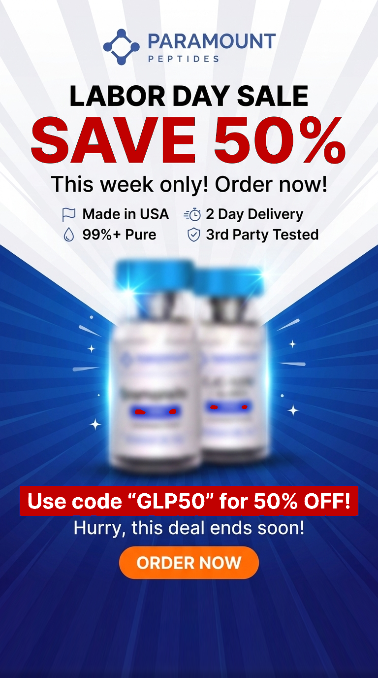 Paramount Peptides Sale Facebook ad: 50% OFF GIP's Labor Day Sale!
