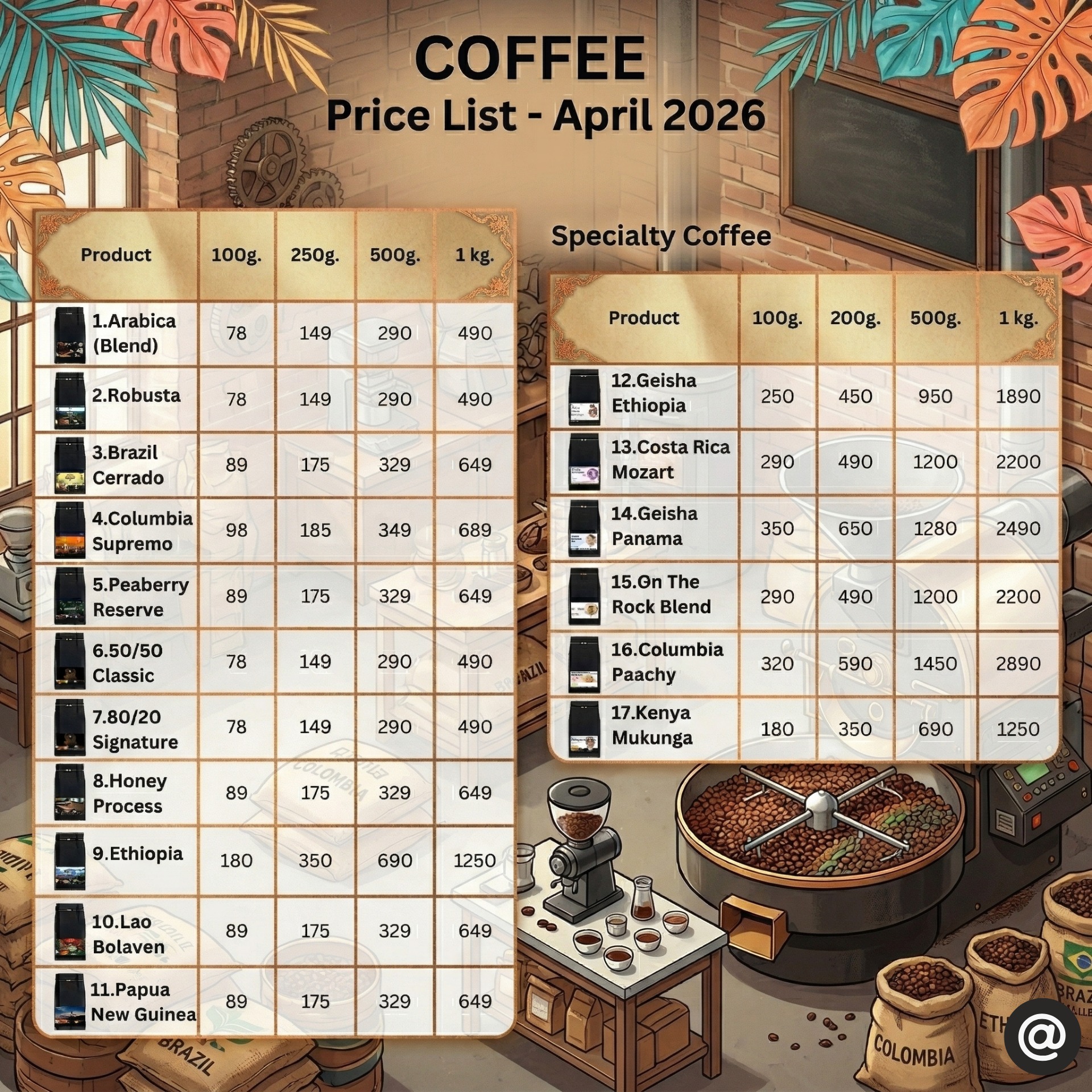 โรงคั่วเมล็ดกาแฟ Facebook ad: COFFEE PRICE LIST ประจำเดือนเมษายน 2569