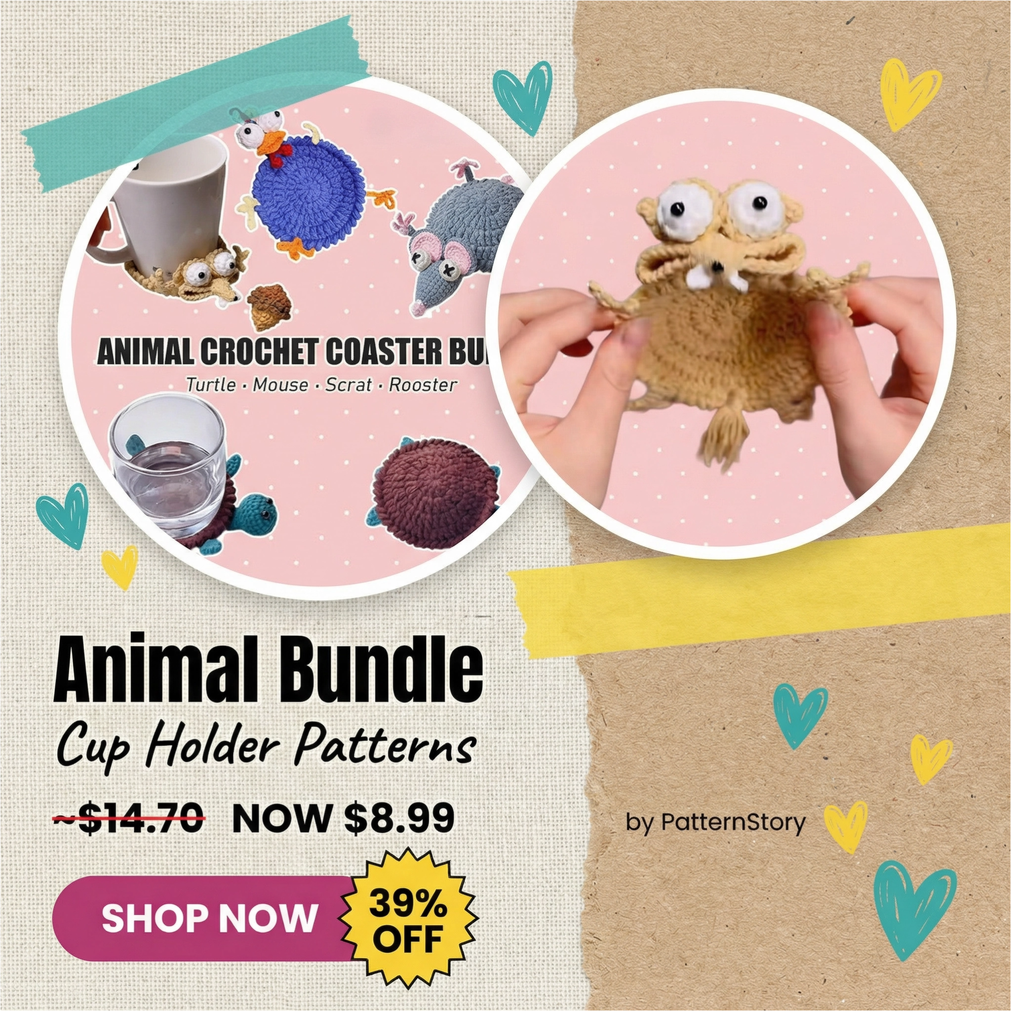 PatternStory Facebook ad: Cute Critters Cup Holder