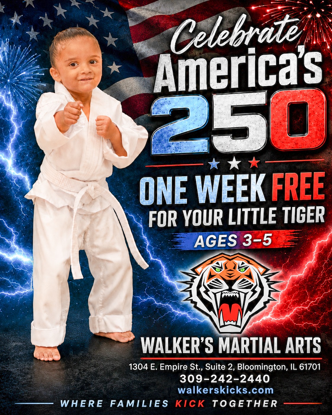 Walker's Martial Arts Facebook ad: 𝐂𝐞𝐥𝐞𝐛𝐫𝐚𝐭𝐞 𝐀𝐦𝐞𝐫𝐢𝐜𝐚’𝐬 𝟐𝟓𝟎 𝐰𝐢𝐭𝐡…