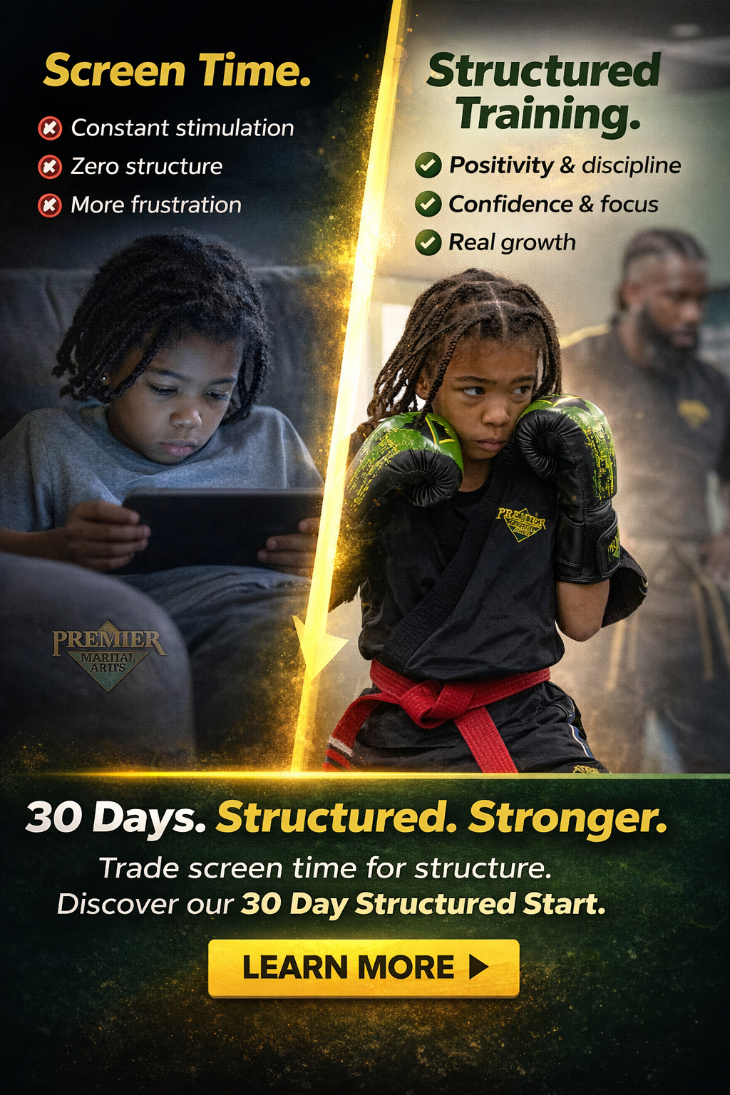 Premier Martial Arts Facebook ad: Kids Have Energy. We Teach Them Control.