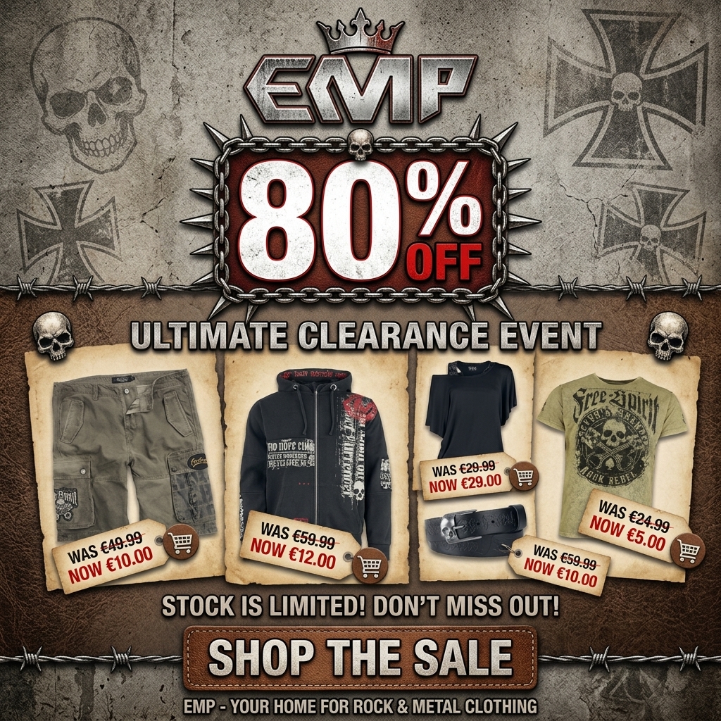 Rock Merch Vault Facebook ad: 80% Off Everything at EMP - Your Fandom, Your Rules