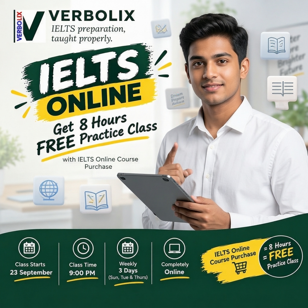 Verbolix = Mostakim IELTS Facebook ad: IELTS Course-এর সাথে ৮ ঘণ্টার Practice Class, একদম FREE!