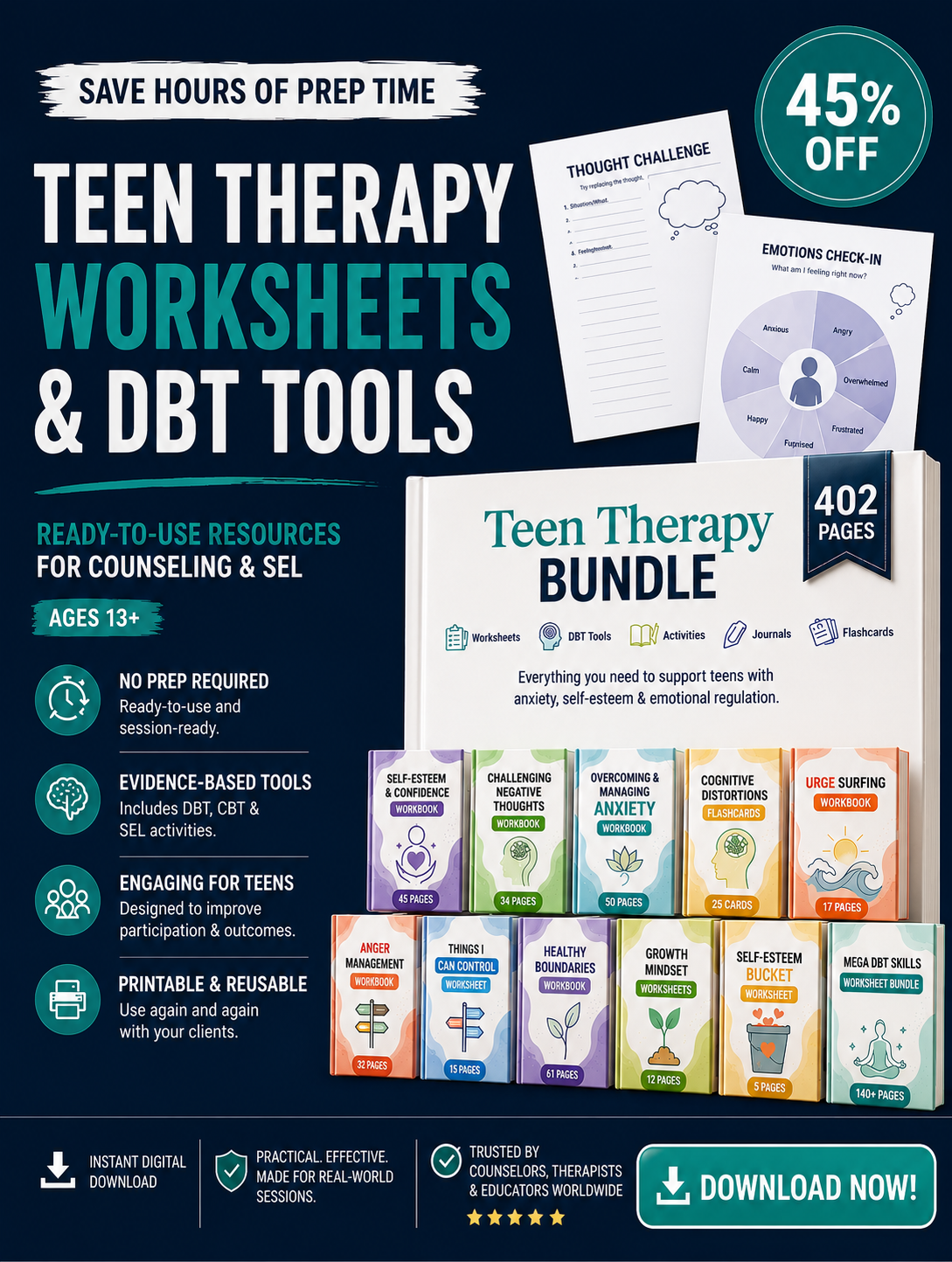 Saprospace Facebook ad: Ready-to-Use Therapy Worksheets for Teens
