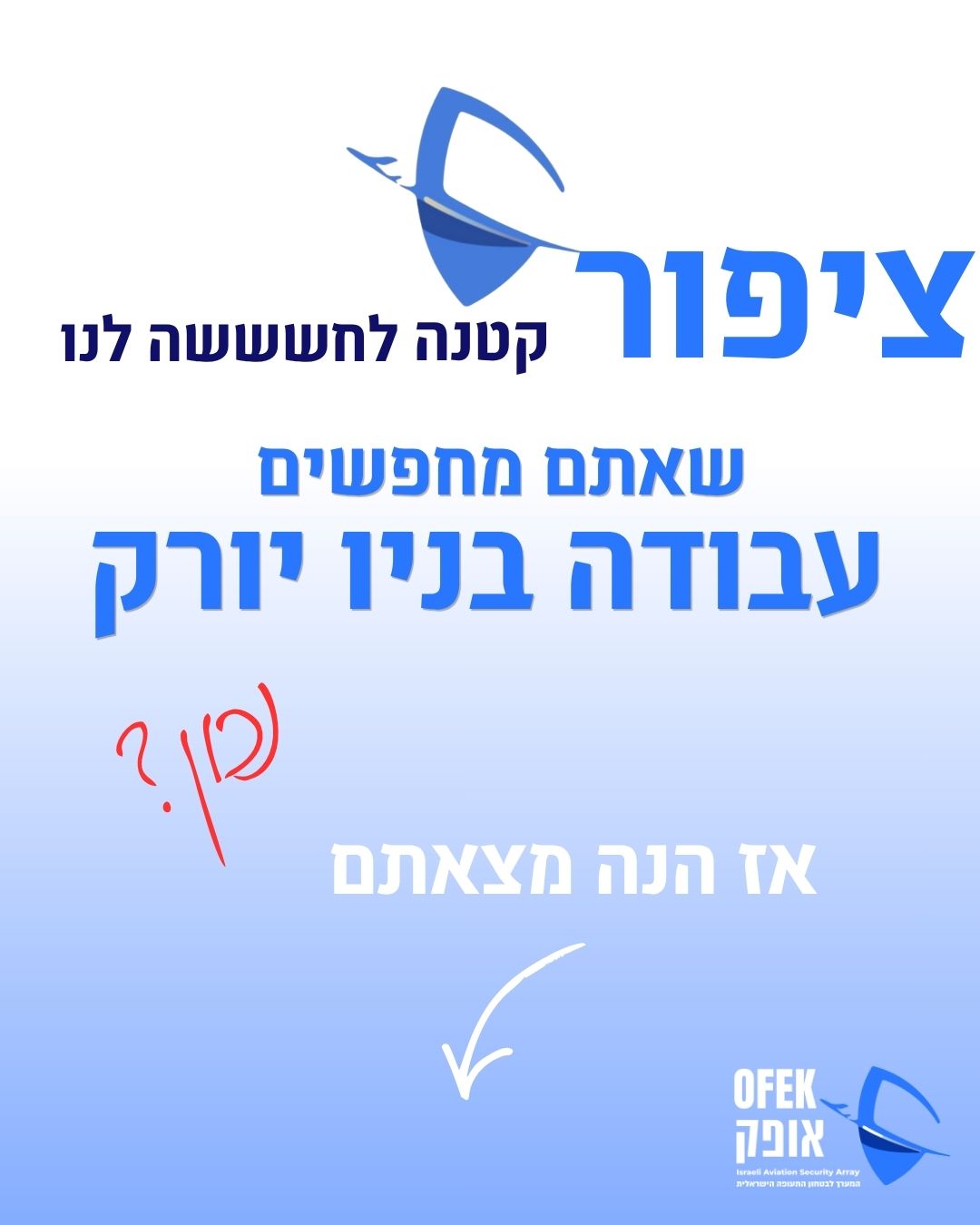 אופק- המערך לביטחון התעופה הישראלית בחול Facebook ad: אופק מגייסת בודקים בטחונים לניו יורק