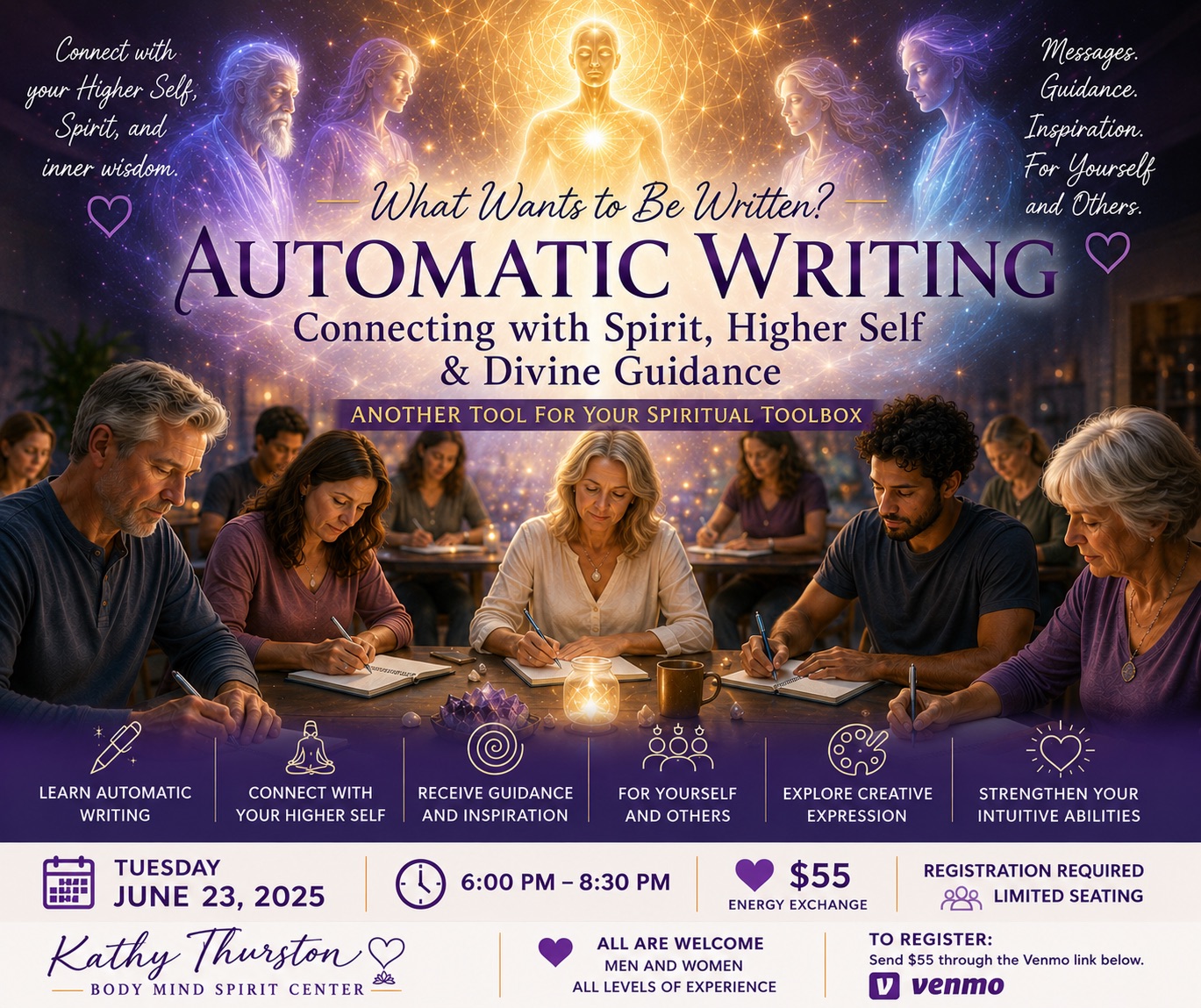 Kathy Thurston Body Mind Spirit Center Facebook ad: ~* AUTOMATIC WRITING What messages are there for you?