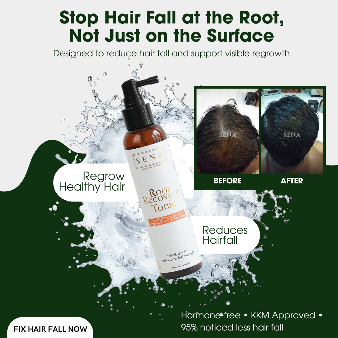SENA HQ Facebook ad: Hair Fall Starts at the Root. Fix It There, Or It Won’t…