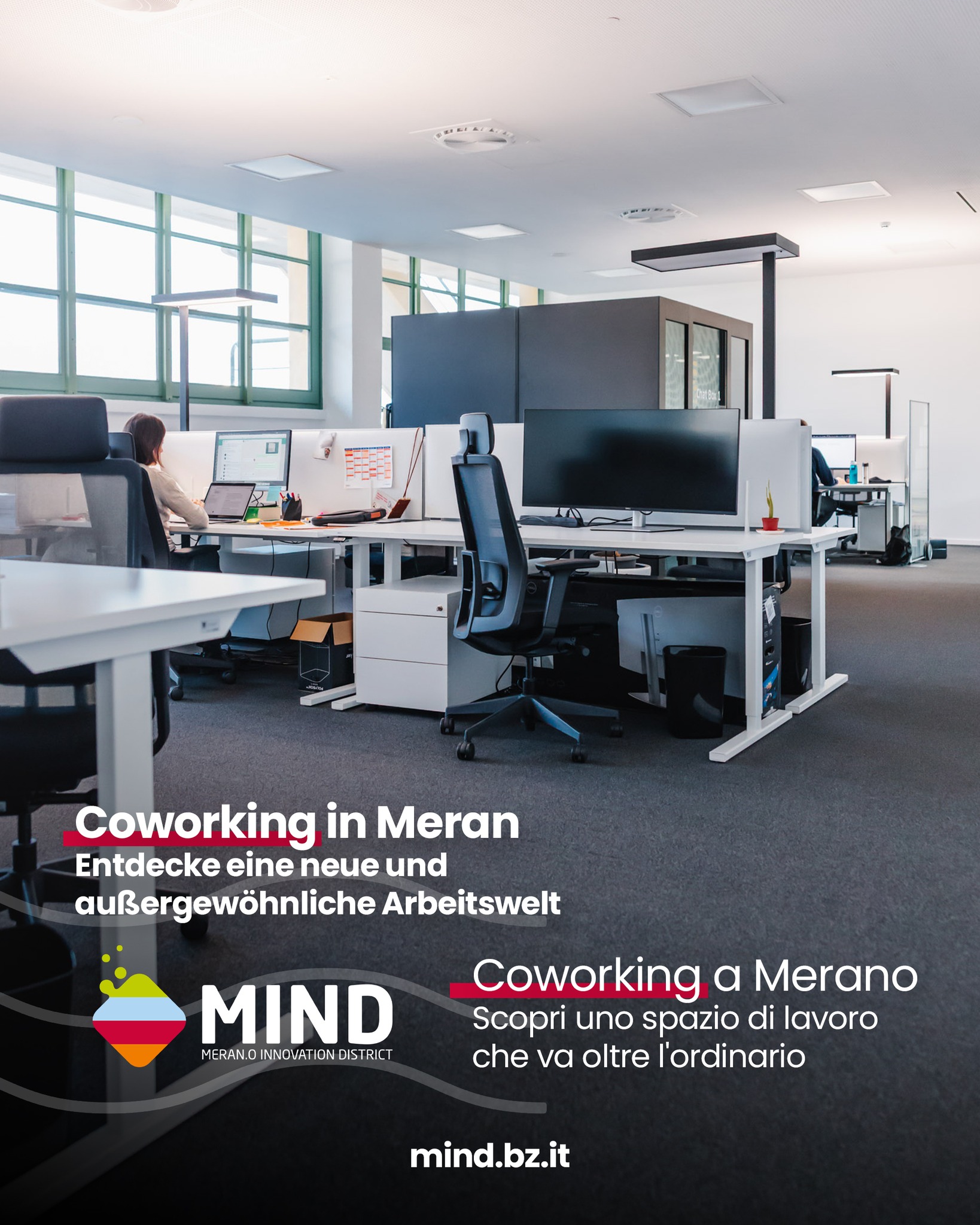 MIND - Meran.o Innovation District Facebook ad: Unser Coworking im MIND bietet eine Büro-Alternative für…