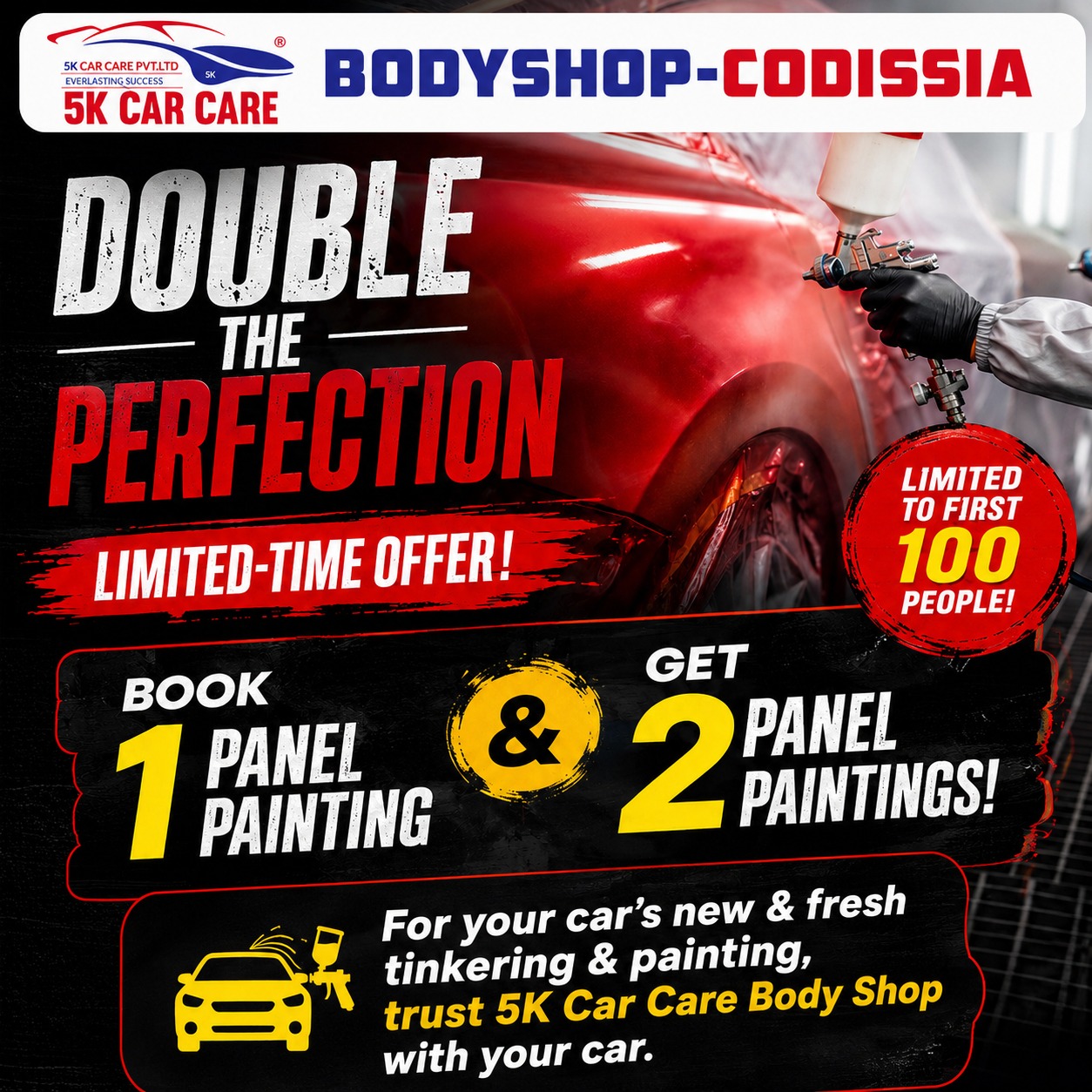 5k CarCare Facebook ad: Book 1 Panel Painting & Get 2 Panel Paintings FREE!