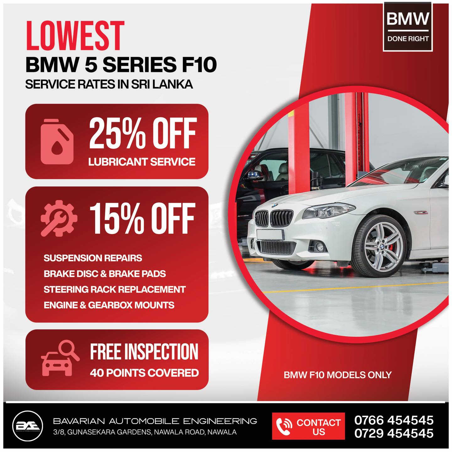 Bavarian Automobile Engineering Facebook ad: LOWEST BMW 5 SERIES, F10 SERVICE RATES IN…