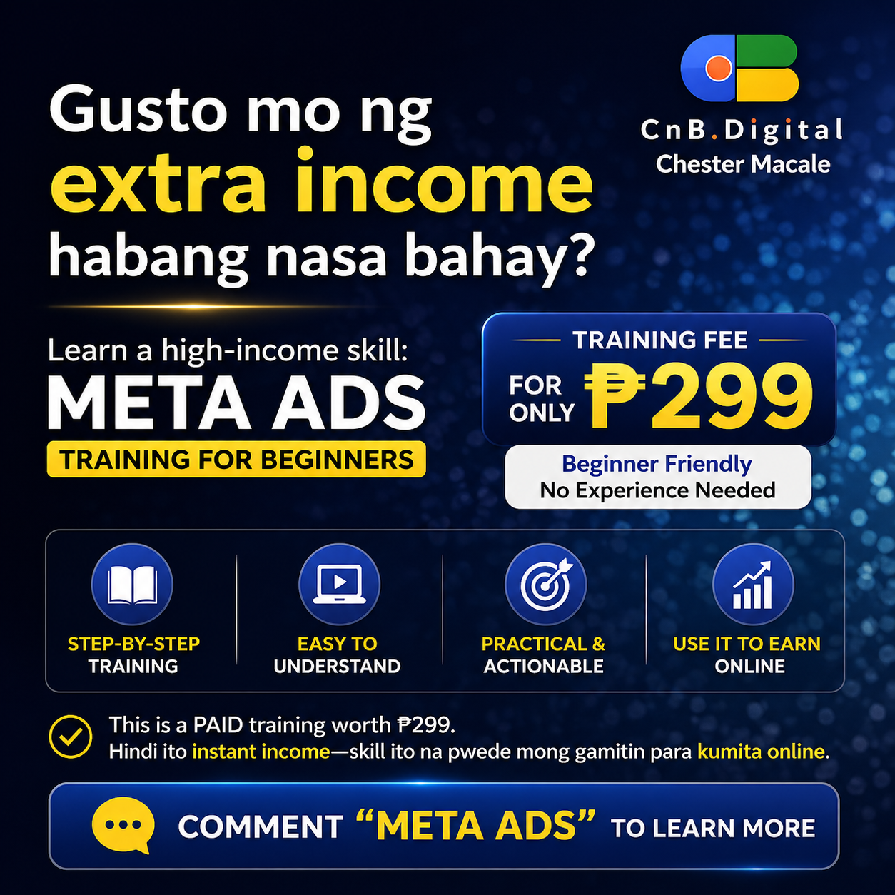 Chester Macale Facebook ad: Gusto Mo Kumita Online? Start by Learning Meta Ads.