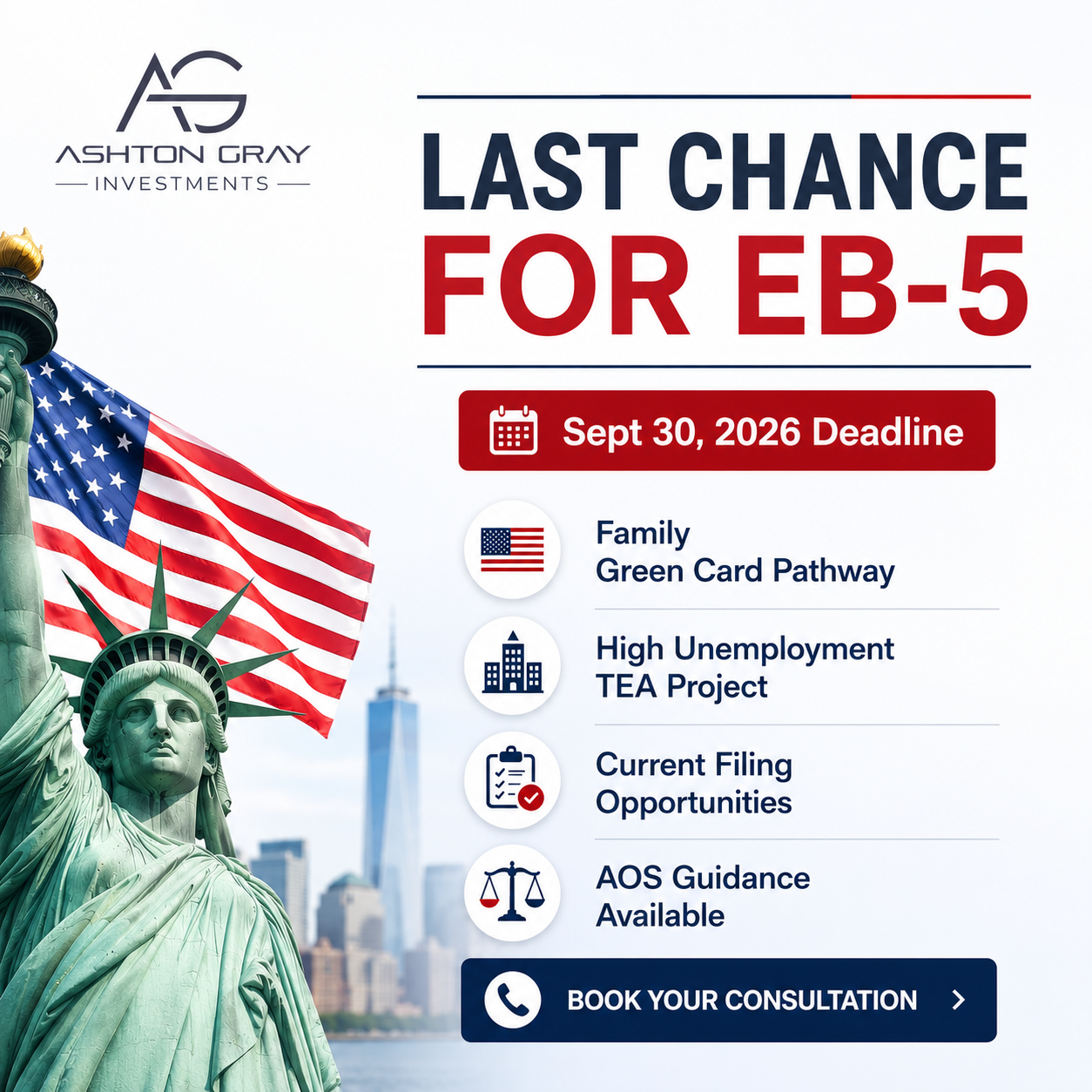 Ashton Gray EB5 Facebook ad: Current EB-5 Filing Window Open