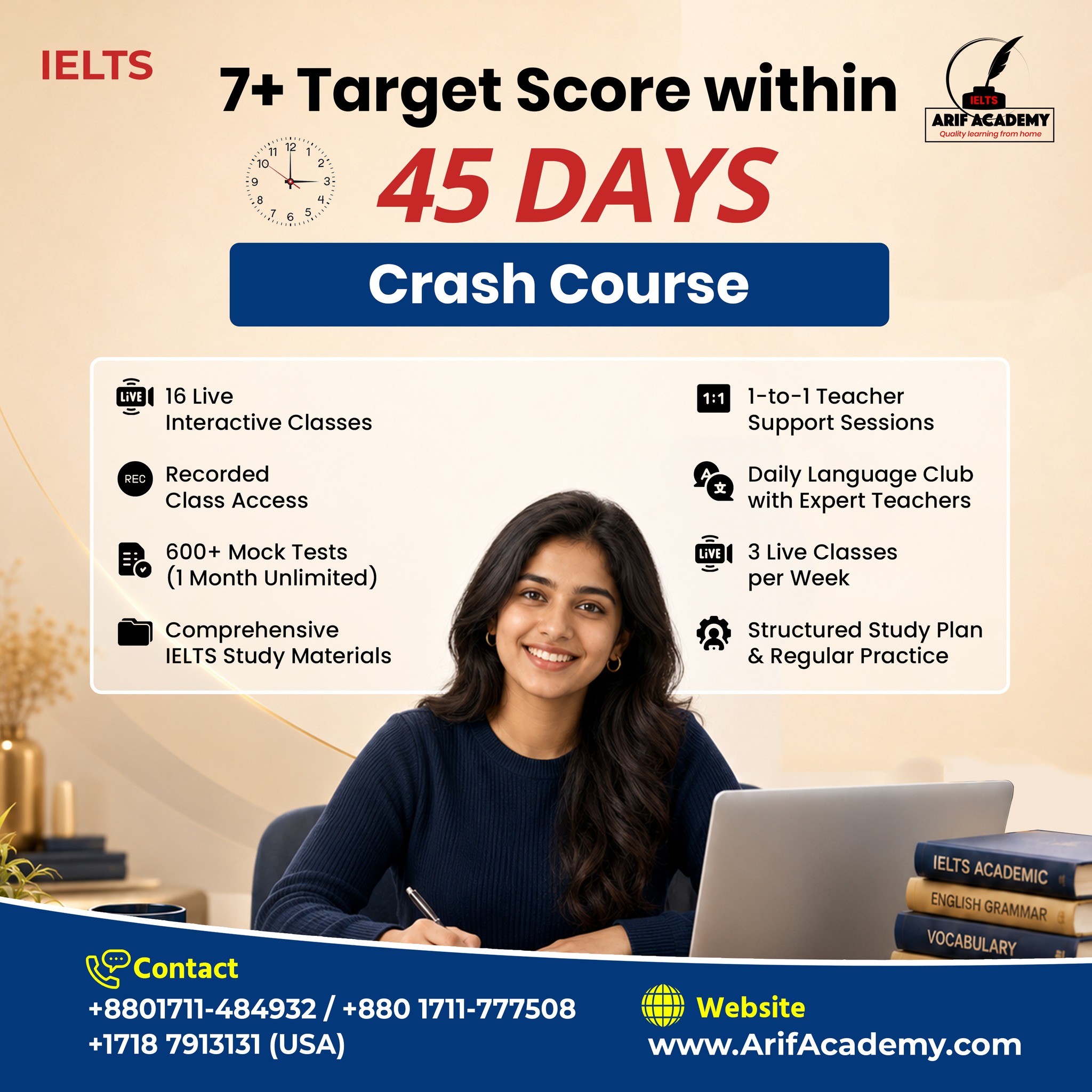 Arif Academy Facebook ad: **মাত্র ৪৫ দিনেই IELTS-এ Target Band 7+ অর্জনের…