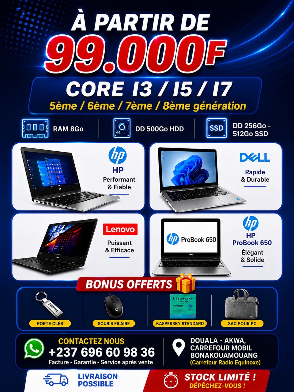 Digit Co Ltd: Laptop grade A+ Matériel informatique accessoires 699979047 Facebook ad: HP, DELL, Lenovo, à partir de 99.000 Francs