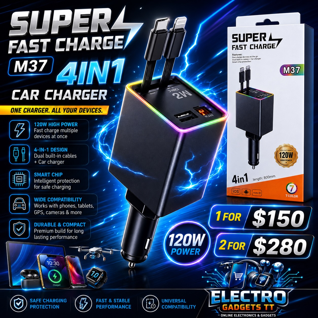 Electro Gadgets TT Facebook ad: NEW ARRIVAL, M37 4-IN-1 SUPER FAST CAR CHARGER
