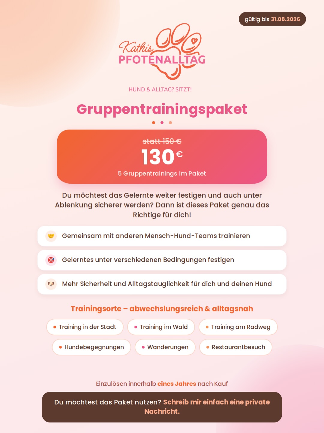 Kathis Pfotenalltag Facebook ad: Mit meinen Gruppentrainings übt ihr gemeinsam mit anderen…