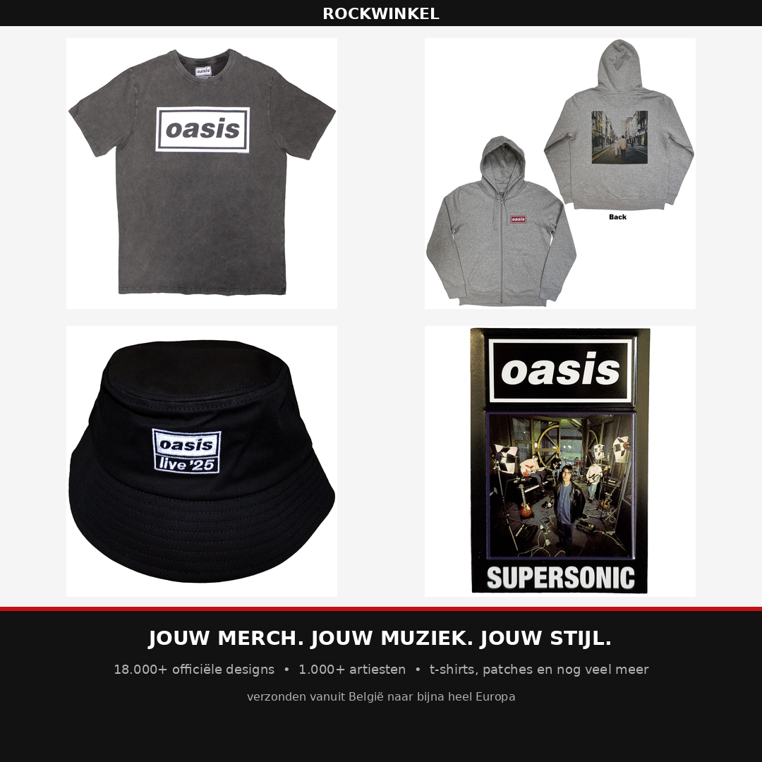 Rockwinkel Facebook ad: Oasis, Collectie Decca+HoodieWTS+Hat+Ma