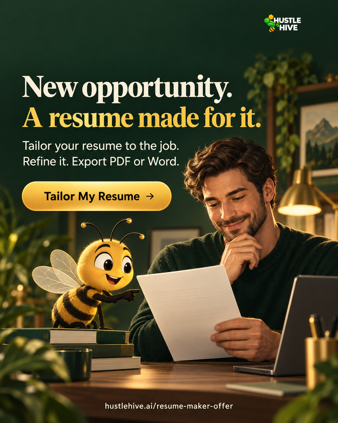 Hustle Hive Ai Facebook ad: Tailor Your Resume. Apply Smarter.
