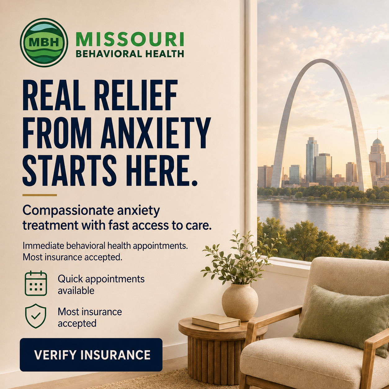 Missouri Behavioral Health Facebook ad: Anxiety Care Covered by Insurance