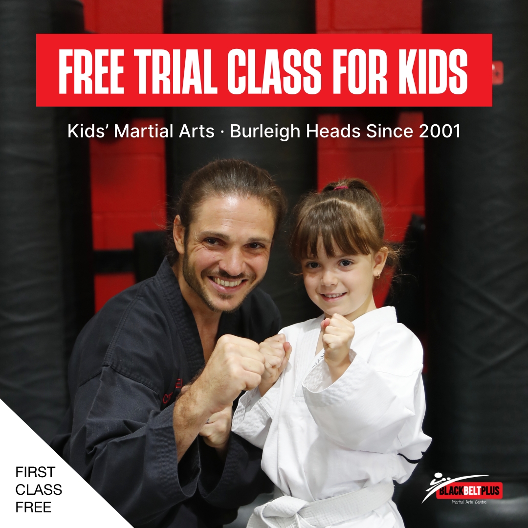 Black Belt Plus Martial Arts Centre Gold Coast Facebook ad: Free Trial Class for Kids 5-12