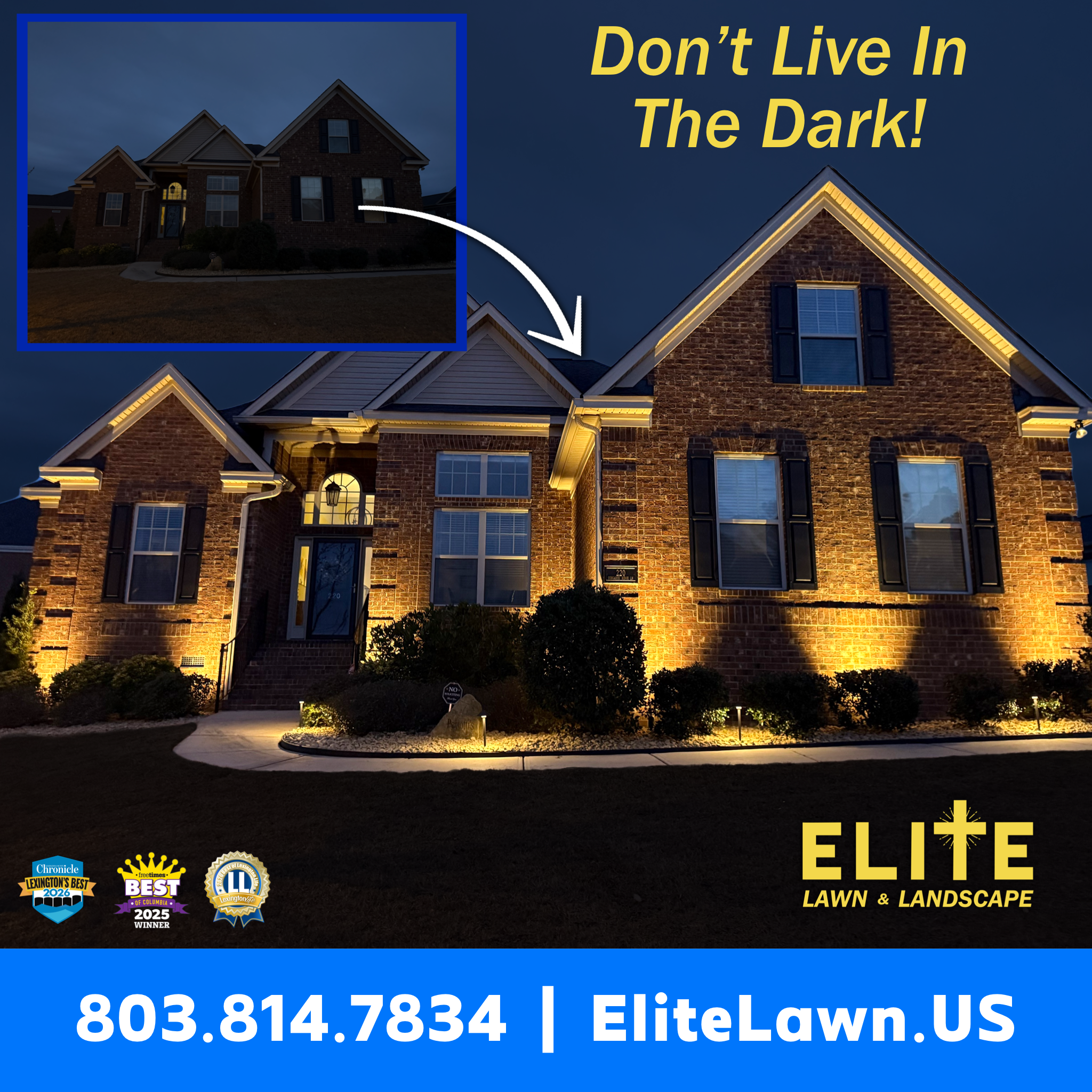 Elite Lawn & Landscape LLC Facebook ad: Homeowners… your house should NOT disappear at night.