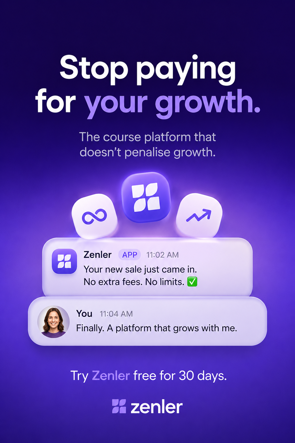 Zenler Facebook ad: The course platform that doesn’t penalise growth.